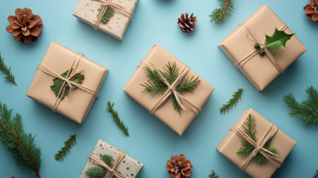 Christmas gifts wrapped in eco-friendly paper with natural decorations. Christmas handmade decor and craftwork, eco friendly, sustainable concept.の素材