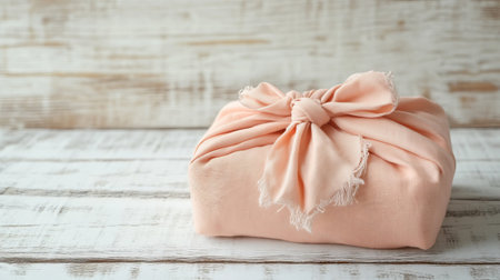 Wrapped Christmas gift in peach fabric, set against a rustic wooden backdrop. Japanese Furoshiki style, eco friendly, environmental gift wrapping concept. Place for text.の素材