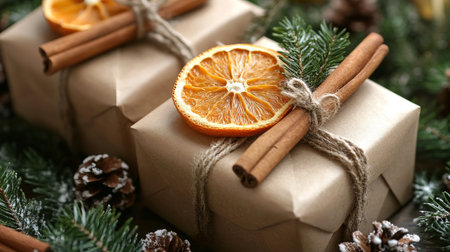 Rustic gift box with orange slice and cinnamon on festive pine background. Christmas decor and craftwork, eco friendly, sustainable concept.の素材