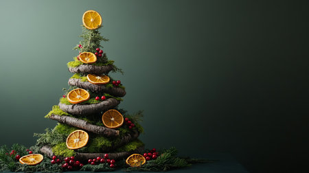 Eco-friendly Christmas tree crafted with wood slices, dried oranges, and cranberries on a dark green background. Concept of sustainable holidays. Place for text.の素材