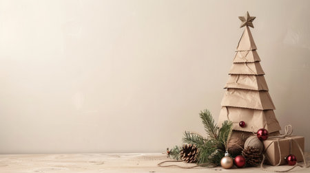 Handmade paper Christmas tree with pine branches, cones, and ornaments on wooden surface and beige background, concept of eco-friendly decorの素材