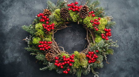 Festive Christmas wreath made of pinecones, red berries, moss, and evergreen branches on a dark textured background, symbolizing holiday decorの素材