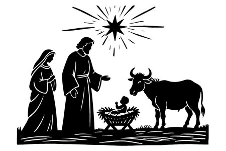 Silhouette of nativity scene showing Mary, Joseph, baby Jesus and an ox under the star, in black graphic style on white backgroundの素材