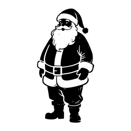 Traditional Santa Claus in black and white sketch style standing cheerfully on a plain white background, representing Christmas holiday spiritの素材