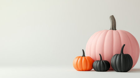 Four pumpkins of varying colors and sizes, including pink, orange, and black, arranged on a light background. Halloween decoration conceptの素材