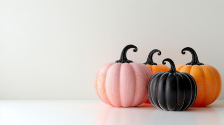 A collection of pastel pink, black, and orange pumpkins with curly stems on a white background. Halloween decor concept. Place for text.の素材