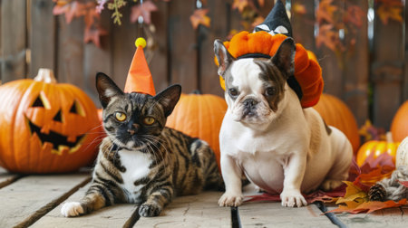 Cat and dog in cute Halloween costumes, sitting on a wooden floor. Background features pumpkins and autumn leaves, celebrating Halloweenの素材