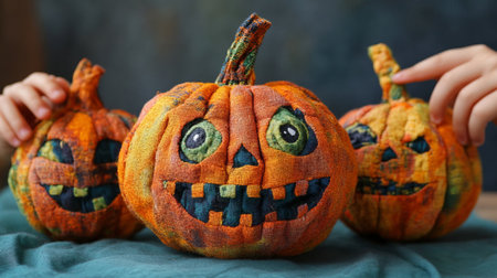Three handmade fabric pumpkins with smiling faces on a green cloth. Halloween decor and craftwork, eco friendly, sustainable concept.の素材