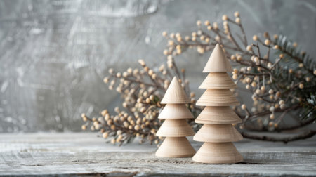 Wooden Christmas trees with winter branches on rustic wooden table background. Christmas decor and craftwork, eco friendly, sustainable concept.の素材