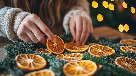 Woman arranging dried orange slices on pine branches for holiday decor. Christmas craftwork, eco friendly, sustainable concept.の素材