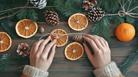 Hands making Christmas decor with orange slices and pinecones on wooden table. Christmas craftwork, eco friendly, sustainable concept.の素材
