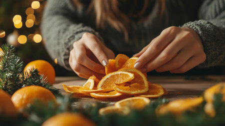 Woman arranging dried orange slices on table with holiday decorations around. Christmas decor and craftwork, eco friendly, sustainable concept.の素材