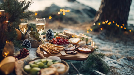 Elegant holiday picnic with wine, cheese, fruits, and festive lights on a snowy outdoor setting, creating a cozy and warm seasonal ambianceの素材