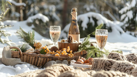 Winter picnic setup with champagne, glasses, nuts, and pinecones in a snowy forest. Warm knitted blankets add coziness. Festive holiday conceptの素材