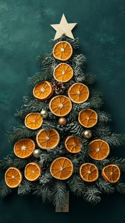 Christmas tree decorated with dried orange slices, pinecones, and ornaments on a dark green background. Christmas decor and craftwork, eco friendly, sustainable concept.の素材