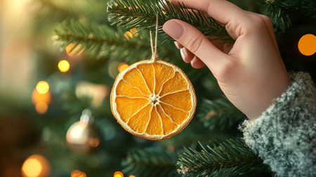 Hand placing a dried orange slice ornament on a Christmas tree, with warm bokeh lights in the background. Concept of holiday decoration and natural ornaments, eco-friendly, sustainable.の素材