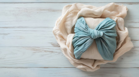 Beautifully wrapped gift with blue cloth on rustic wooden background. Japanese Furoshiki style, eco friendly, environmental gift wrapping concept. Place for text.の素材