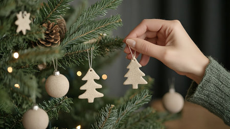 Hand decorating Christmas tree with handmade ornaments, close-up. Eco-friendly holiday decor, sustainable, zero waste concept.の素材