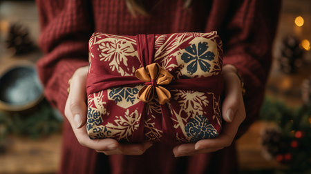 A person holding a beautifully wrapped Christmas gift in colorful fabric. Japanese Furoshiki style, eco friendly, environmental gift wrapping concept.の素材