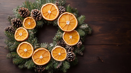 A decorative wreath featuring dried orange slices, pinecones, and greenery, set on a dark wooden background. Christmas decor and craftwork, eco friendly, sustainable, zero waste concept.の素材
