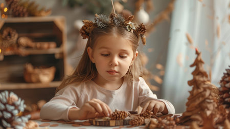 A young girl arranging pine cones and natural decorations, warm tones, soft focus, concept of creativity and nature. Christmas decor and craftwork, eco friendly, sustainable, zero waste concept.の素材