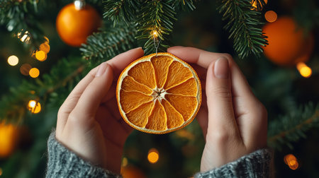 A hand hangs a dried orange slice ornament on a festive tree background. Christmas craft activity, creative DIY project, decor and craftwork, eco friendly, sustainable concept.の素材