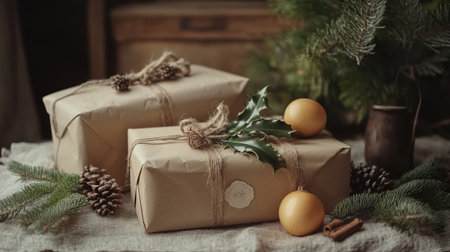 Festively Wrapped Gifts Surrounded by Pine Cones and Greenery. Christmas decor and craftwork, eco friendly, sustainable, zero waste concept.の素材