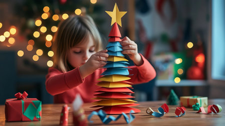 A child decorates a vibrant paper Christmas tree on a table, festive background, capturing holiday creativity. Christmas decor and craftwork, eco friendly, sustainable, zero waste concept.の素材