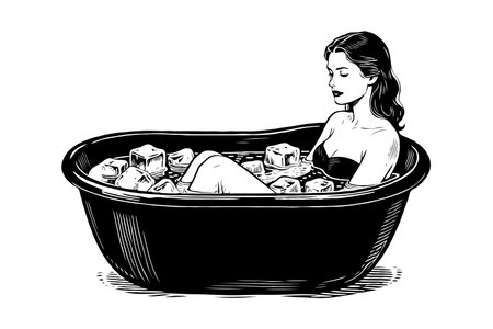 Woman sitting in an ice bath tub filled with ice cubes, black and white sketch style on white background, concept of cold therapy and relaxationの素材