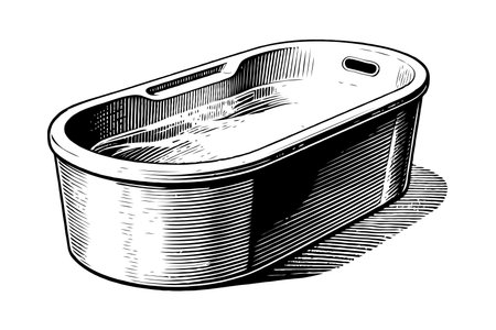 Antique-style hand-drawn bathtub with side handles, engraved sketch style, isolated on white background, concept of vintage hygiene toolsの素材
