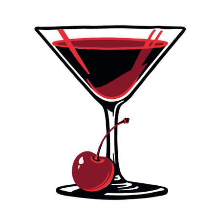 Martini glass with red beverage and cherry, stylized drawing on white background, concept of classic cocktail and nightlife eleganceの素材