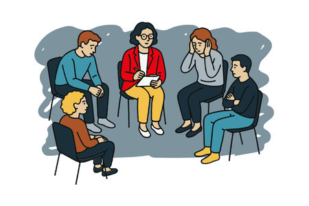 Group of people in a therapy session with counselor, cartoon drawing style on gray background, concept of mental health support groupの素材