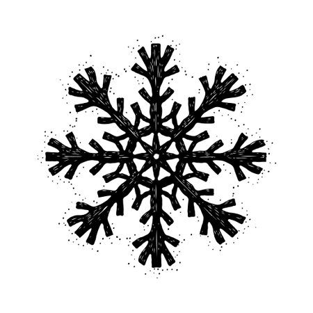 Hand-drawn black Christmas snowflake with intricate branches on white background.の素材