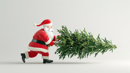 3D Santa Claus is wearing a red suit is carrying a green Christmas tree. Banner, flyer with place for text.の素材