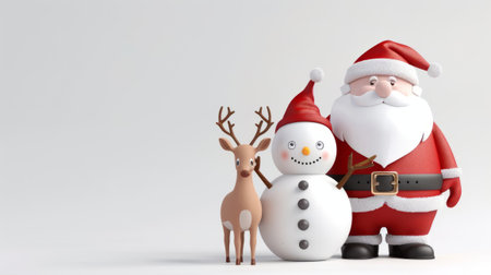 A snowman and a reindeer are standing next to Santa Claus with copy space. The image has a festive and joyful mood. Christmas seasonの素材