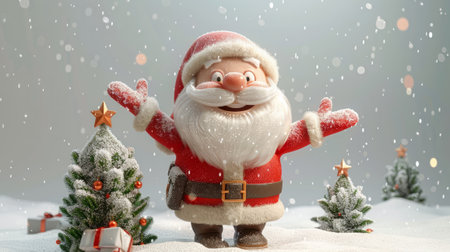 3D Santa Claus stands down a snowy street with Christmas tree. The scene is festive and playful, with the bright colorsの素材