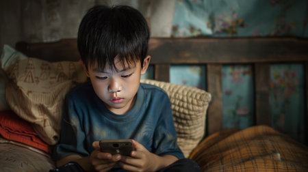 Depressed child boy looks at the phone. Cyber bullying concept. Shame.の素材