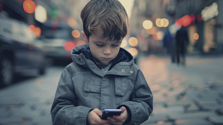 Cyber bullying concept. Shame. Depressed child boy looks at the phone.の素材
