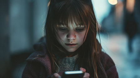 Depressed child girl looks at the phone. Cyber bullying concept. Shame.の素材