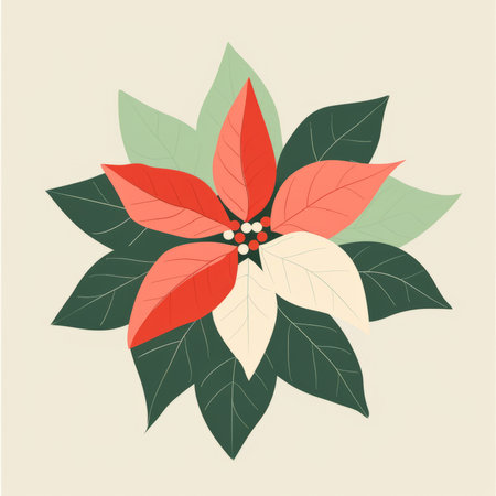 Stylized poinsettia flower illustration with red, green, and cream leaves, beige background, festive and decorative conceptの素材