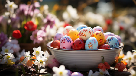 Beautiful colorful Easter eggs on spring landscape. Easter backgroundの素材