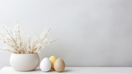 Easter flower background with Easter eggs with copy space.の素材