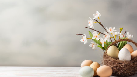 Easter flower background with Easter eggs with copy space.の素材