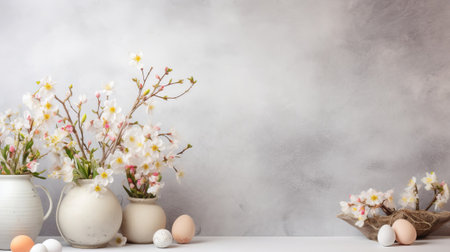 Easter flower background with Easter eggs with copy space.の素材