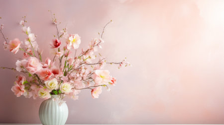 Spring bouquet in a vase with copy space on calm background.の素材