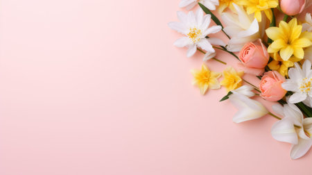 Pretty spring flowers on pastel background with copy space for your design. Springtime holidays and spring background conceptの素材