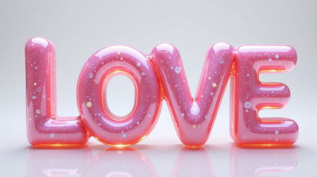 Glossy pink LOVE letters adorned with sparkles and gradients, placed on a white reflective surface, symbolizing romance and affection, Valentine's day, wedding concept.の素材