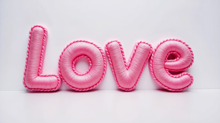 Pink rope-styled Love text design, creative handcrafted look, placed on a clean white background, symbolizing affection and love. Valentine's day, wedding concept.の素材