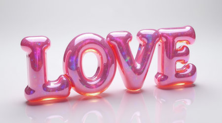 Glossy pink balloon letters spelling LOVE with glitter texture, set on a white reflective background, symbolizing romance and affection. Valentine's day, wedding concept.の素材