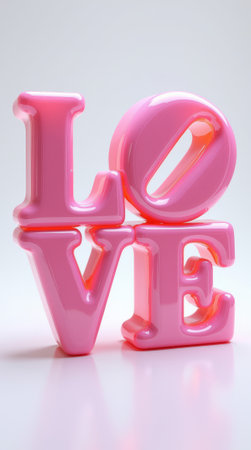 Glossy pink LOVE letters stacked neatly, reflecting light on a clean white minimalistic background, symbolizing love and affection. Valentine's day, wedding concept.の素材